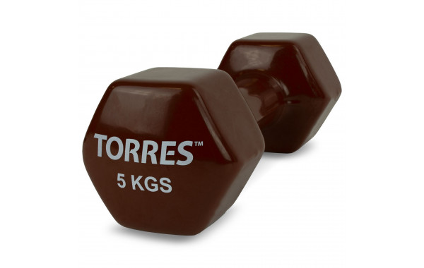 Гантель 5 кг Torres металл в виниловой оболочке, форма шестигранник PL522207 коричневый 600_380